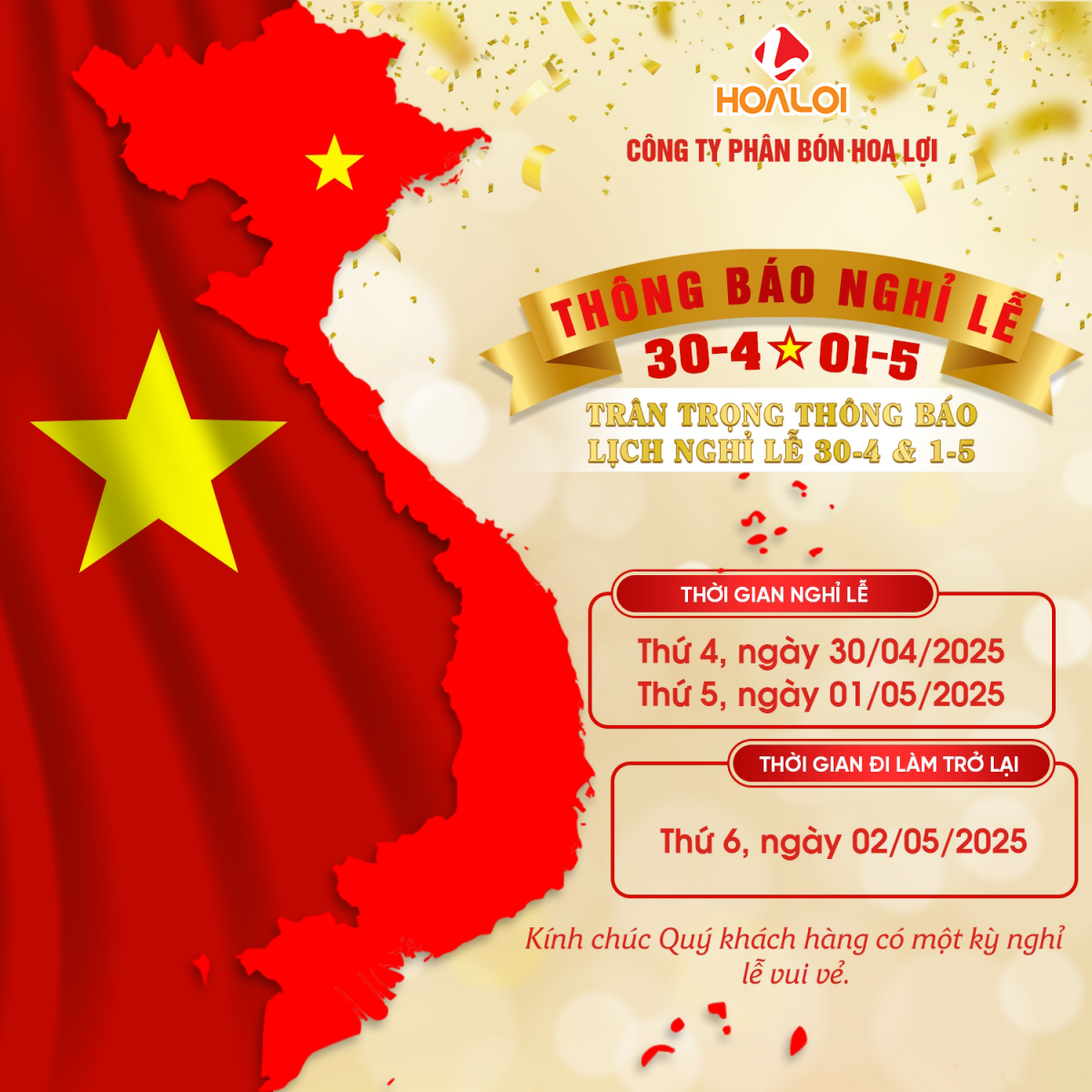 THÔNG BÁO NGHỈ LỄ 30/04 & 01/05